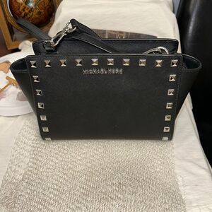 Michael Kors Black Crossgrain Leather Silver Tone Studded Small Crossbody Bag